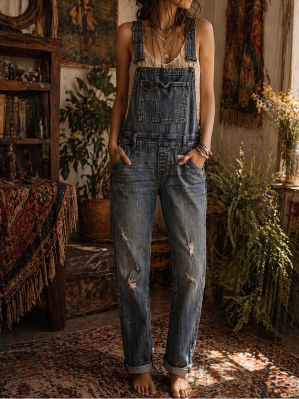 eunina Dylan Skinny Medium Washed Blue Distressed Denim Overalls Hippie Boho